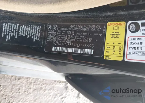 2007 BMW 750Li z USA, uszkodzony, nr VIN WBAHN83517DT75695